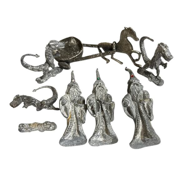 VTG Wizards and Lizards Pewter Set Set of (3 Wizards and 3 Lizards) and Wagon - Picture 1 of 11